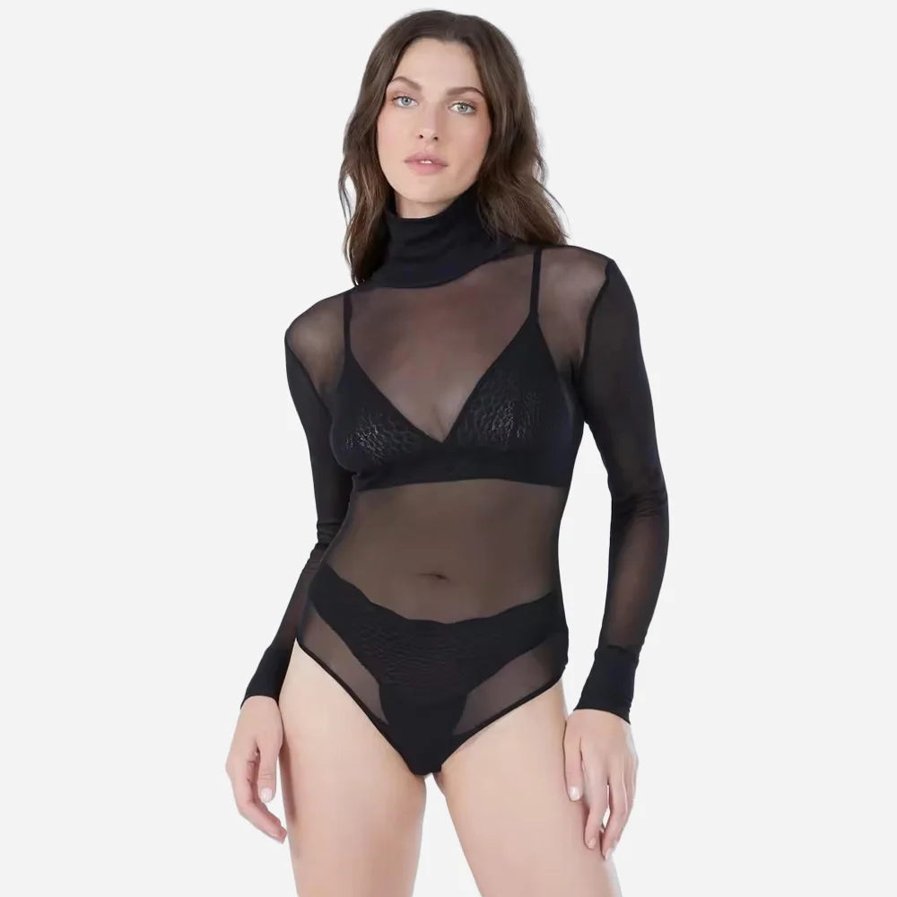 See Through Tight Neckline Thong Cut Back Snap Closure Double Layered Mesh Sexy Transparent Bodysuit For Women