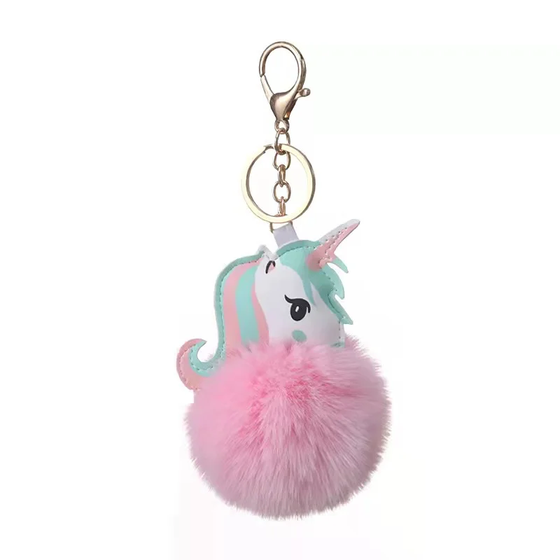 Custom Rabbit Furs Ball Key Chain Pompom Fluffy Fur Unicorn Keychains For Girls