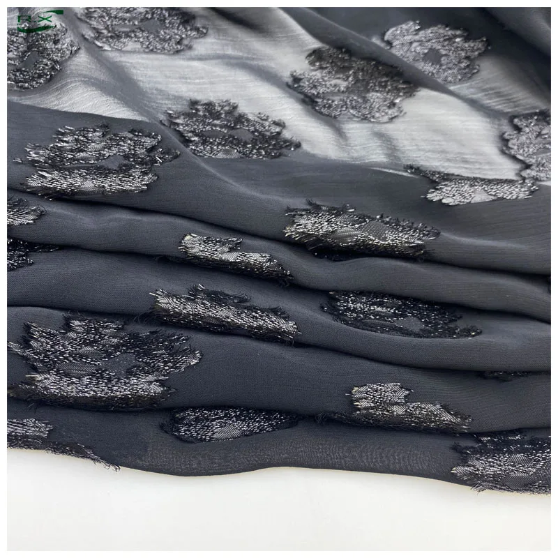Custom wholesale high quality recycled polyester black glitter cut flower chiffon fabric material for clothing