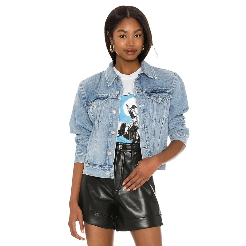 
fashion front button closure elastic back waist short denim jacket for women 