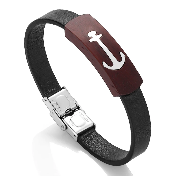Haosem Unique Customize Inset Metal Anchor with Wooden Bracelet Accessories Mens Leather Bracelet