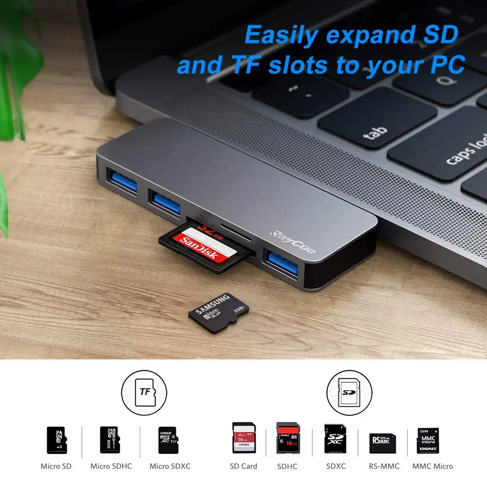 
Raycue 5 in 1Type C Hub with TF SD Card Reader 3 USB 3.0 Ports USB C HUB Compatible with 2016 2017 2018 Macbook Pro 