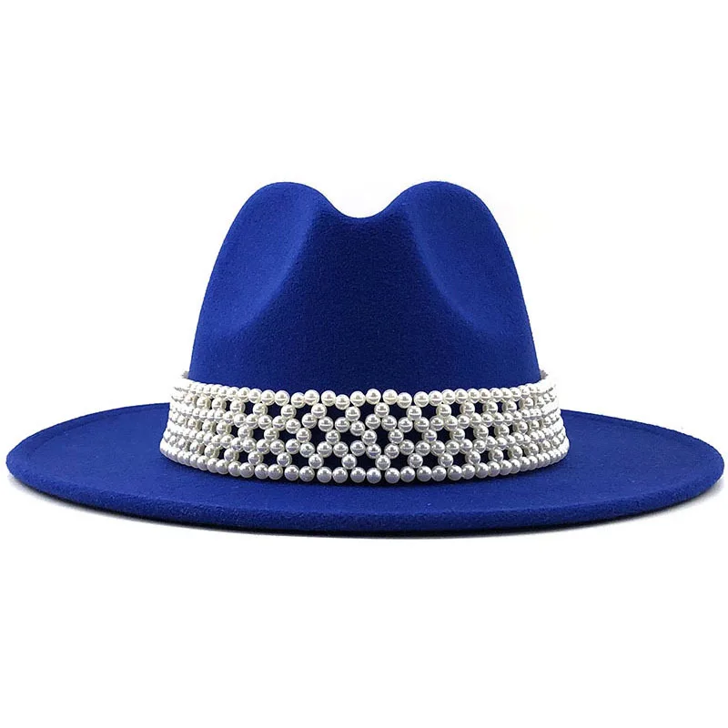 Wholesale Custom OEM Flat Brim Luxury Woolen Hat Cloche Pearl Belt Jazz Hat