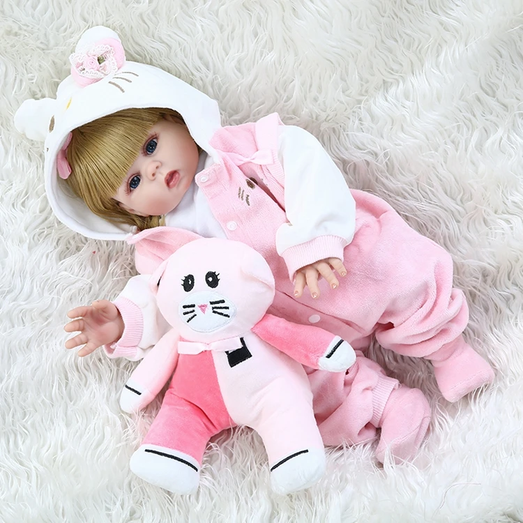 48CM full body soft silicone bebe doll reborn baby girl in pink Kitten dress set lifelike flexible baby doll