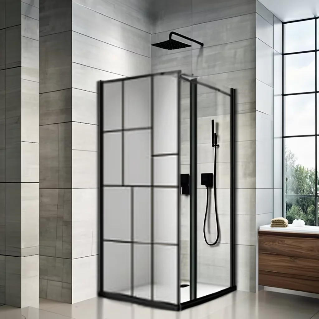 Shower Door Black Aluminum Alloy Profile Transparent 6mm Tempered Glass Silk Print Black Stainless Steel With Support Bar