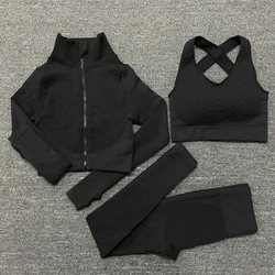 Custom Logo S-xl Gym Fitness Suit Bra Seamless Plus Size Jacket 3 Piece Training Suit Legging Set Long Sleeve Fitness Set Women