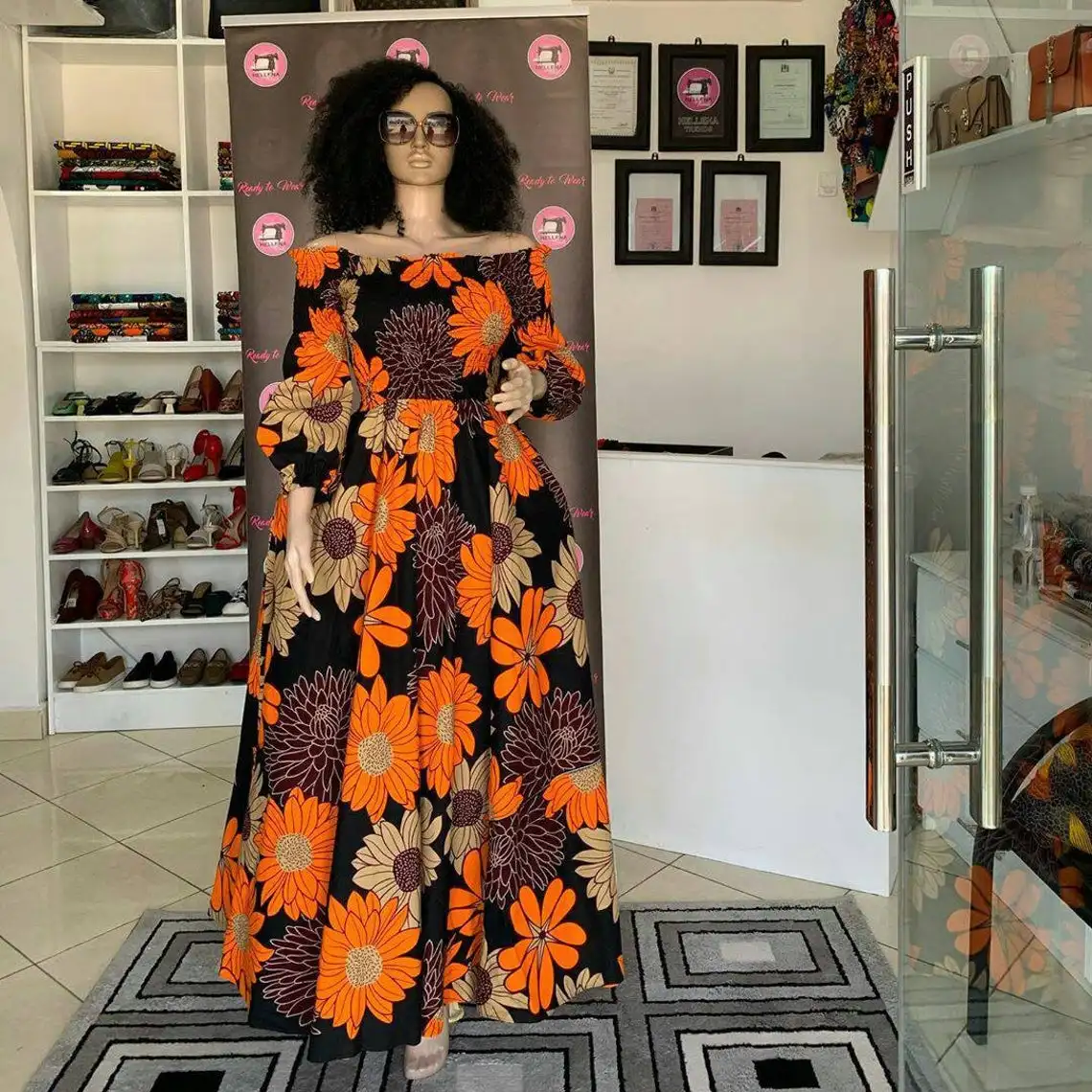 Womens African Floral Boubou Print Casual Dress V-Neck High Waist Puff Sleeve Dress 2021 Womens Summer Dresses African Clothing