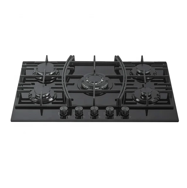 tempered glass panel gas stove 5 burner gas hob with cast iron supporter