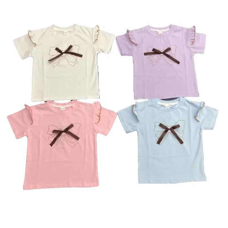 Hot selling summer girl short sleeved T-shirt with cute love pattern and bow design affordable price for girls