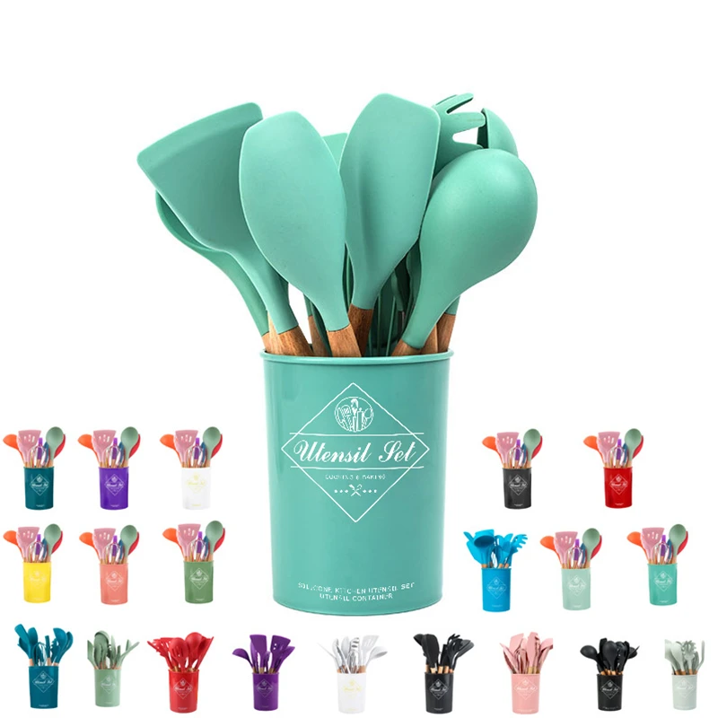 BPA Free 12pcs Colorful Silicone Kitchen Accessories Wooden Handle Utensils Set for Kitchen