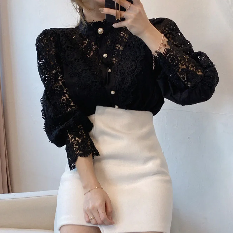 Autumn sexy tops Hollow Sexy Blouse Plus Size Stand-Up Collar White Tops Lace Long Sleeve Fashion Women Shirt embroidery blouse