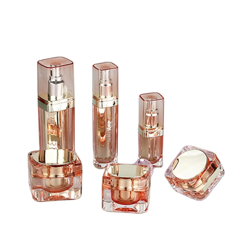 Luxury acrylic gold airless bottle 50ml and 15g 30g 50g cream jar for cosmetic packaging