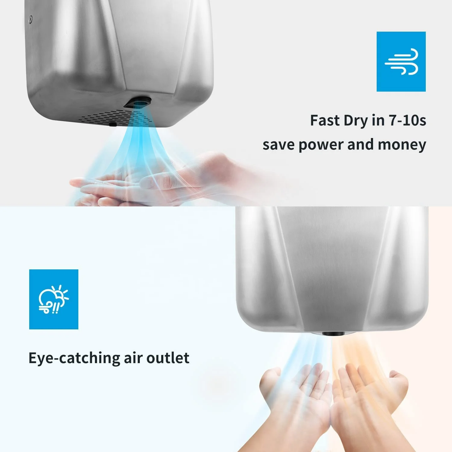 Heavy Duty Commercial washroom ss hand dryer High Speed Stainless Steel Design Warm Wind Hand Blower 1800W Brushed