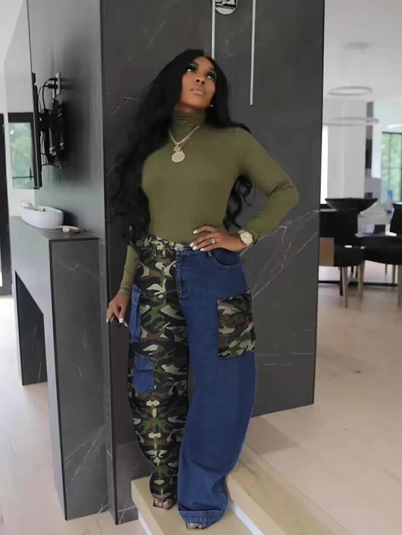 2024C301 Spring Denim Pants Washed Camo Patchwork Cargo Jeans With Pockets For Women Casual Jean Good Quality Jeans