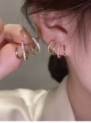 Korea simple gold plated line zircon 925 sterling silver needle stud earrings for girls