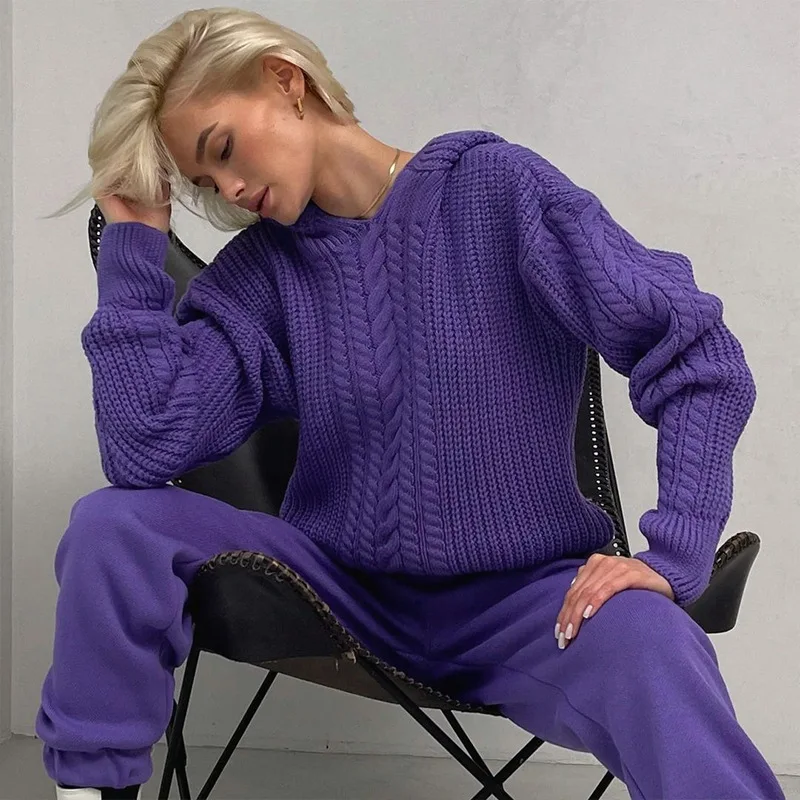 B27504 - quality winter and fall warm sweater knit hooded solid color long sleeve women t shirts