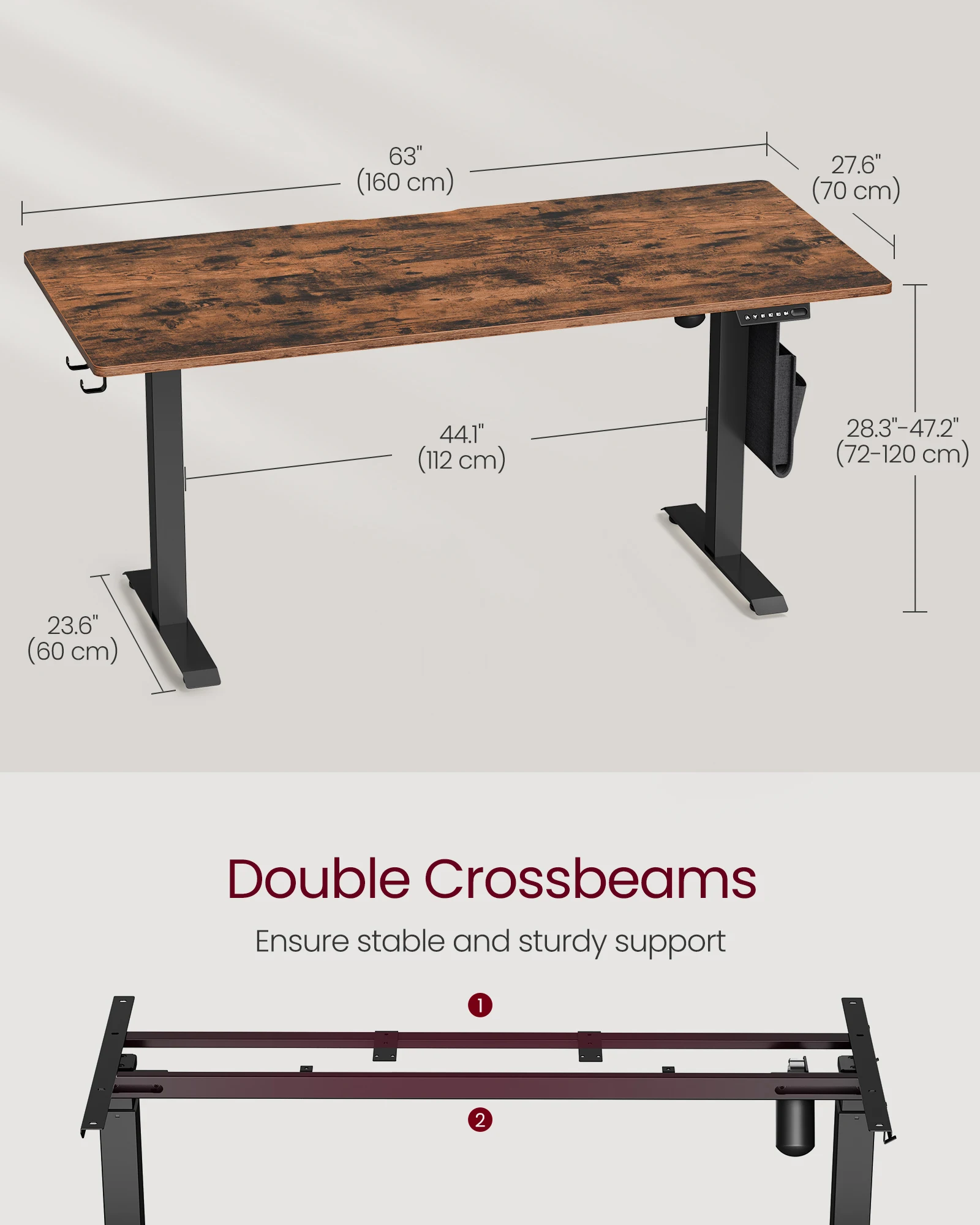 VASAGLE single Motor 160CM Electric Desk Height-Adjustable Fabric White Standing desk