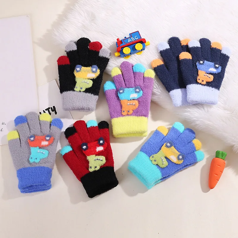 Warm And Thickened Cartoon Nylon Kids Long Thick Finger Warm Mittens Knitted Gloves