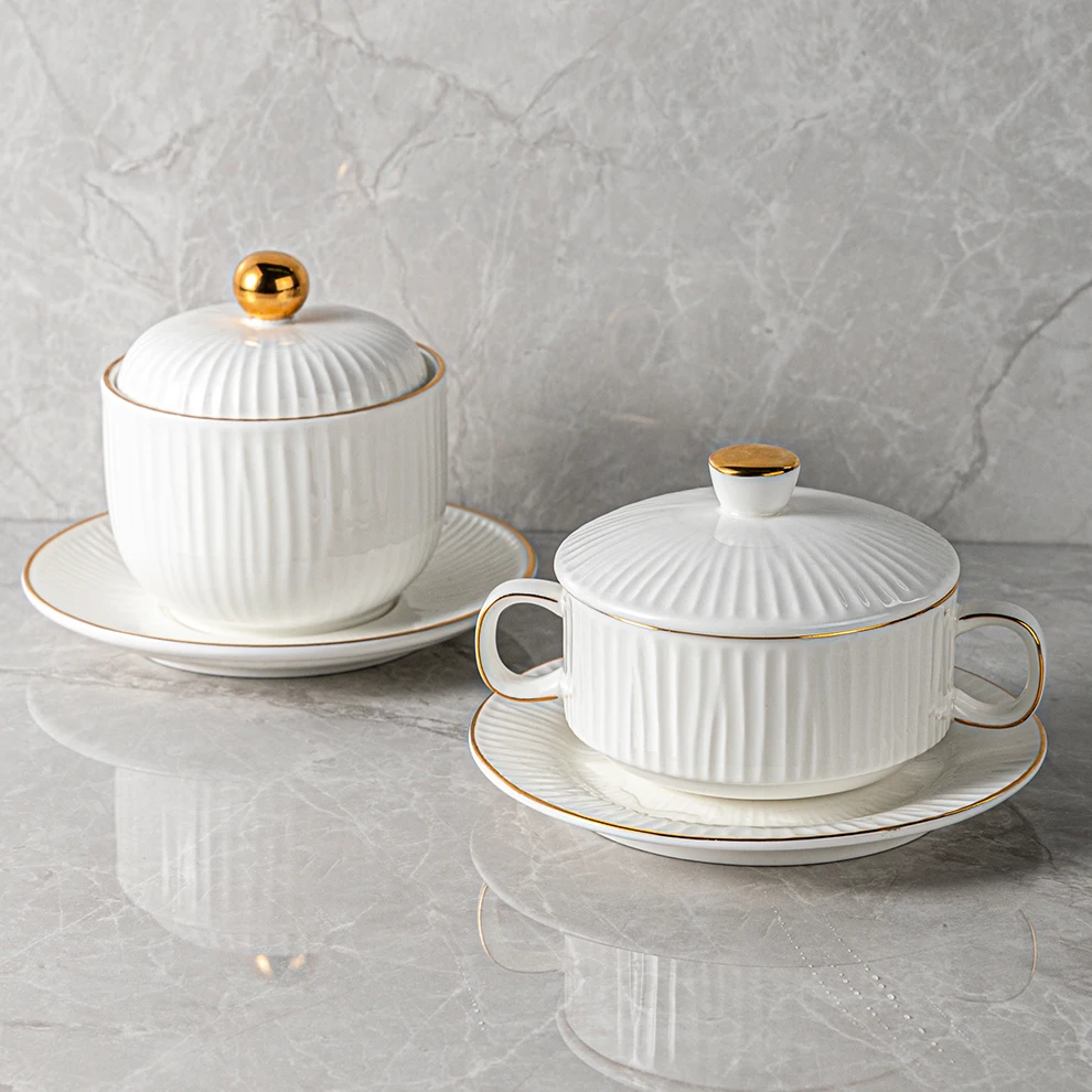 Factory Direct Sell 240ml Nordic Salad Bowl White Gold Rim Pottery Soup Bowl With Lid Porcelain Soup Bowl With Two Handle