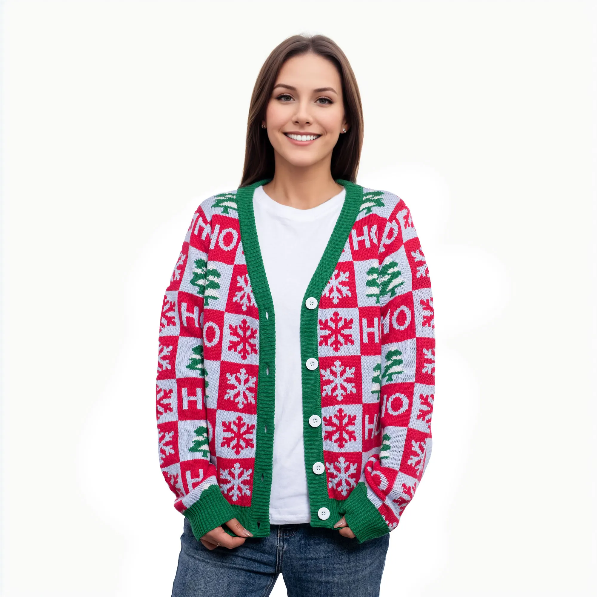 Christmas Tree Snowflakes Cardigan Wintertime Holiday Parties Knitted Cardigan Ugly Christmas Sweater