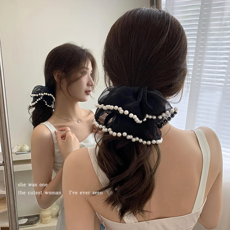 18cm Large Ponytail Holder Hair Tie Elastic Hairbands Oversize Organza Hair Accessories Solid Gauze Pearl Beaded Hair Scrunchies