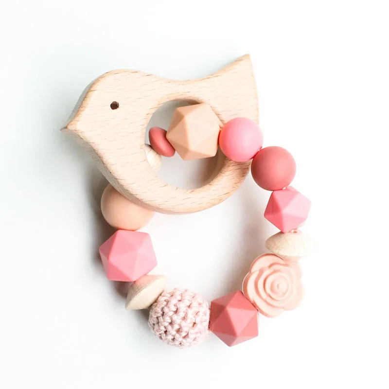 Newborn Baby Crochet Silicone Beads Teething Bracelet With Wooden Animal Leaf Teether Ring
