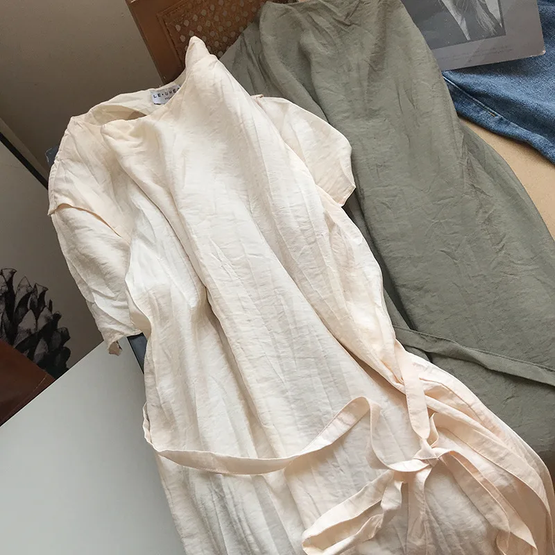 Korean Style Round Neck Solid Color Short Sleeve Dress Classic Cotton Blend Homewear Casual Dress