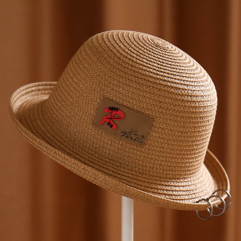 New Men Women Roll-edge Dome R Letter Three-ring Outdoor Sun Visor Ladies Hat Large Straw Brim Hat Womens Fashionable Straw Hats