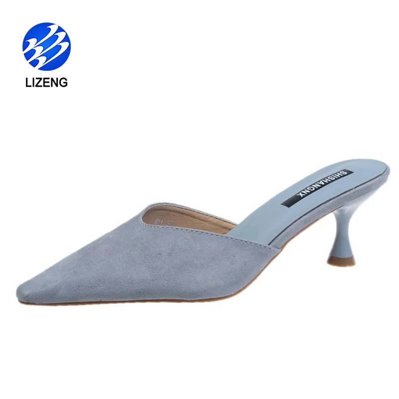 
Glass High Heels Shoes Ladies Solid Flock Slippers Mules Pointed Toe Fog Blue Slides Women Home Slip On Flip Flops OL Party Shoe 