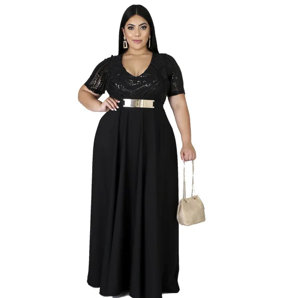 
High Quality Black Casual Maxi Dress Cocktail Sequined V Neck Dresses Plus Size Women Sexy Elegant Evening Dresses For Ladies 