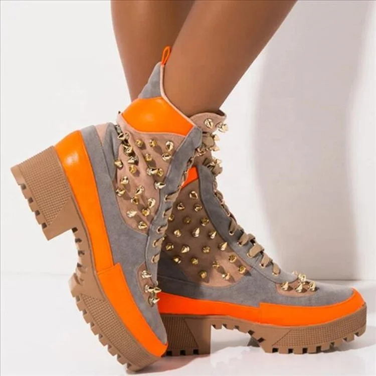 2022 New Arrival Winter Warm Orange Green Pink Patchwork Lace Up Rivet Chunky Heel Platform Size 43 Women Ankle Boots