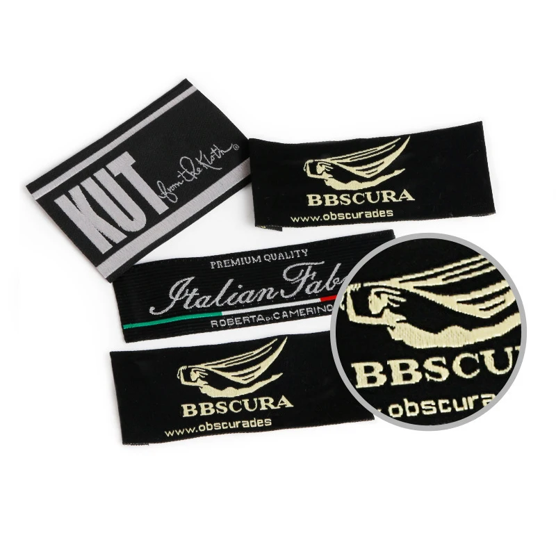 Модный логотип, высокая плотность, дамасский атлас, основной размер, шея, ткань, этикетка, одежда, тканые этикетки для одежды