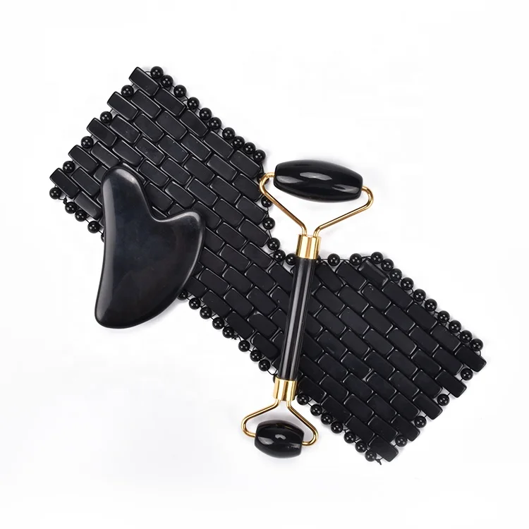 Natural Stone Skin Care Facial Massage Tool Set for Spa Black Obsidian Face Roller and Gua Sha Eye Mask