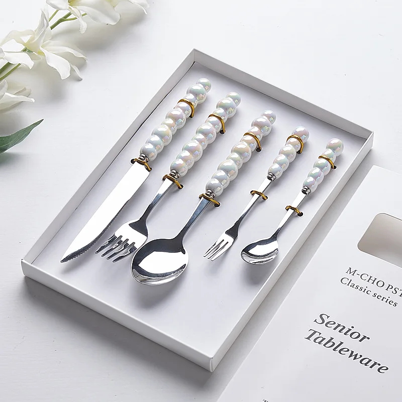 High Quality Pearl Ceramic Handle Stainless Steel Spoon Fork Knife with Gift Box stainless steel cutlery set