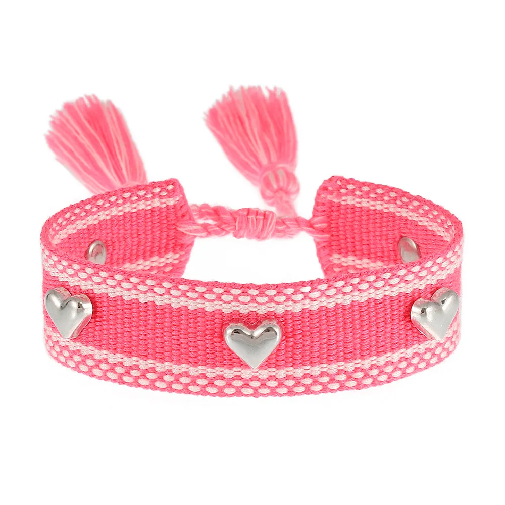 Silver Heart-shaped Metal Rivets Gift Wristband Woven embroidery adjustable rope woven Bracelets Friendship Bracelet Ladies Jewe