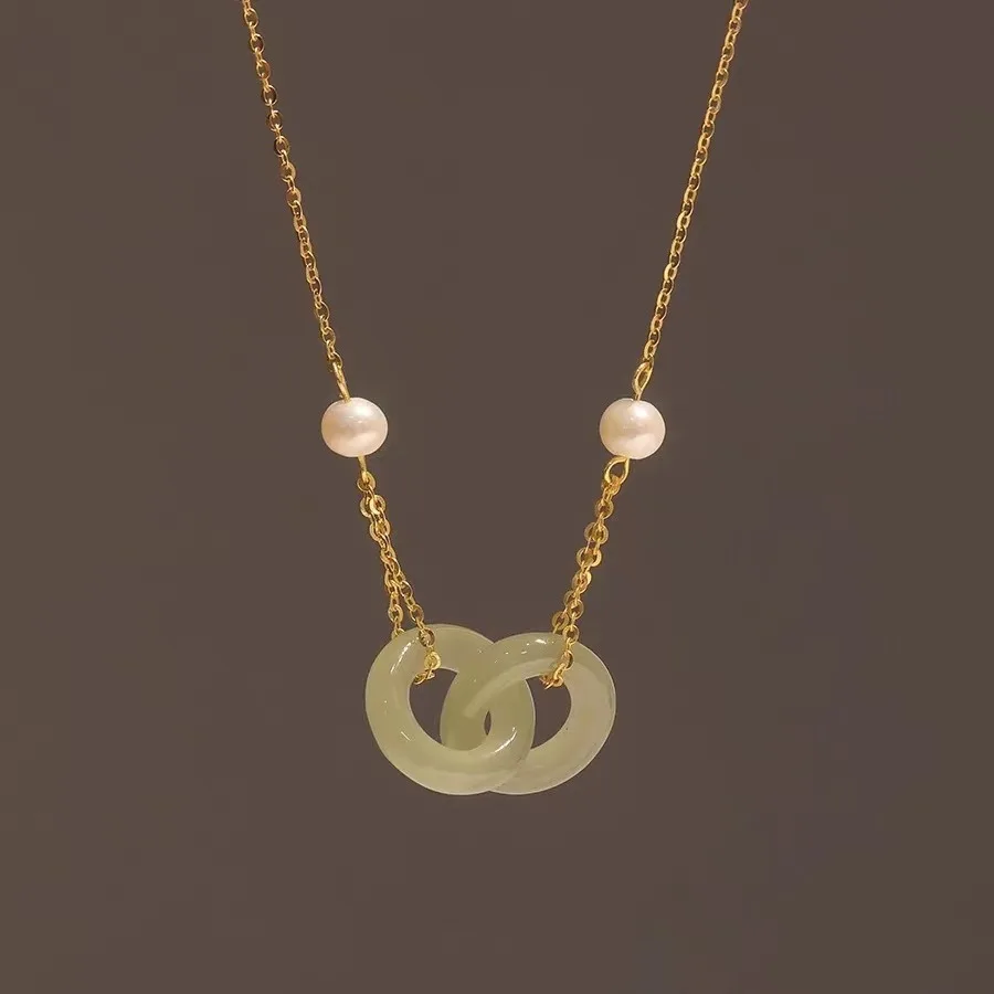 GT copper Natural Hetian Jade Double Round double round pendant necklaces  Healing Yoga Necklace for Women