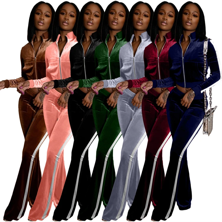 D11388 Color matching sets women ribbed color block cropped flared sweat pant sexy winter 2 piece sets for women clothing