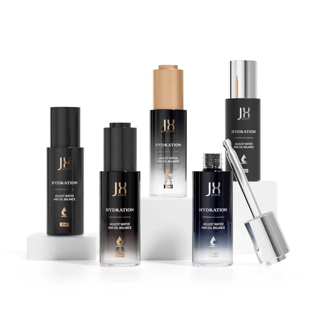 Wholesale 30 50 ml 1oz black dropper bottle custom logo empty luxury press push cosmetic face serum glass bottle with dropper