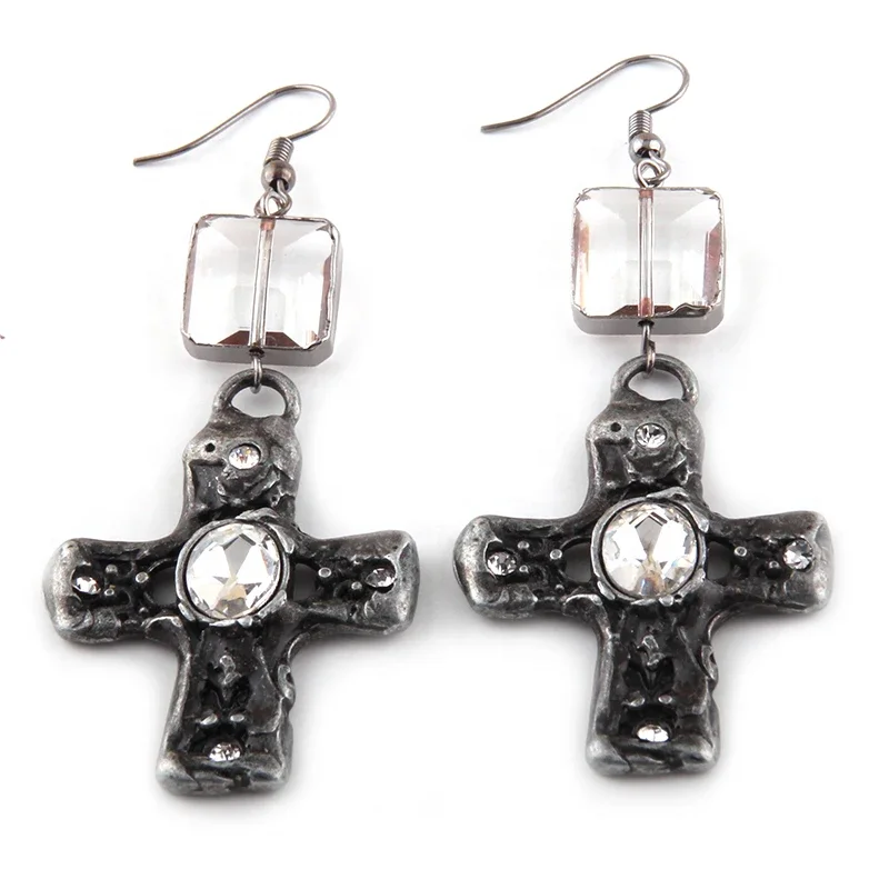 JH Wholesale Vintage Simple Design Retro Square Crystal Glass Beads Alloy Cross Earring