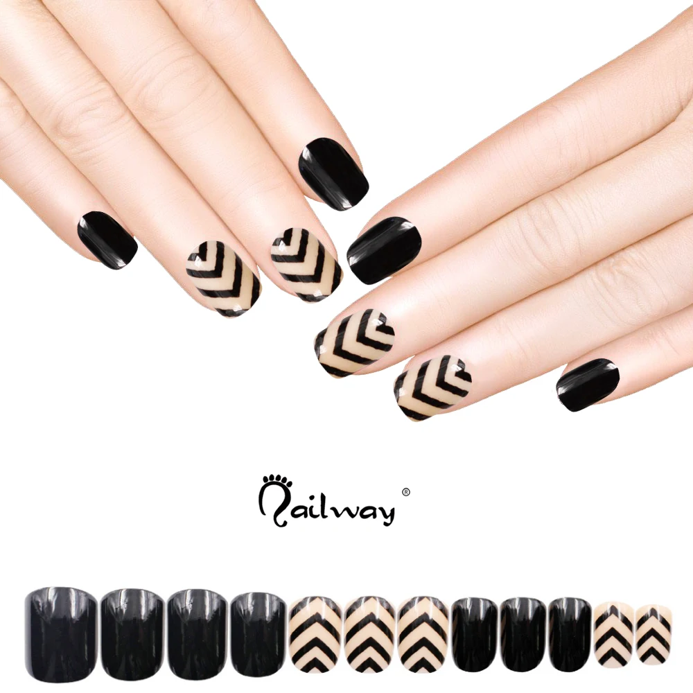Hot Sale 24pcs Factory  Black  Cream With Stripe False Nail Art ABS Material  Press on Artificial Nail