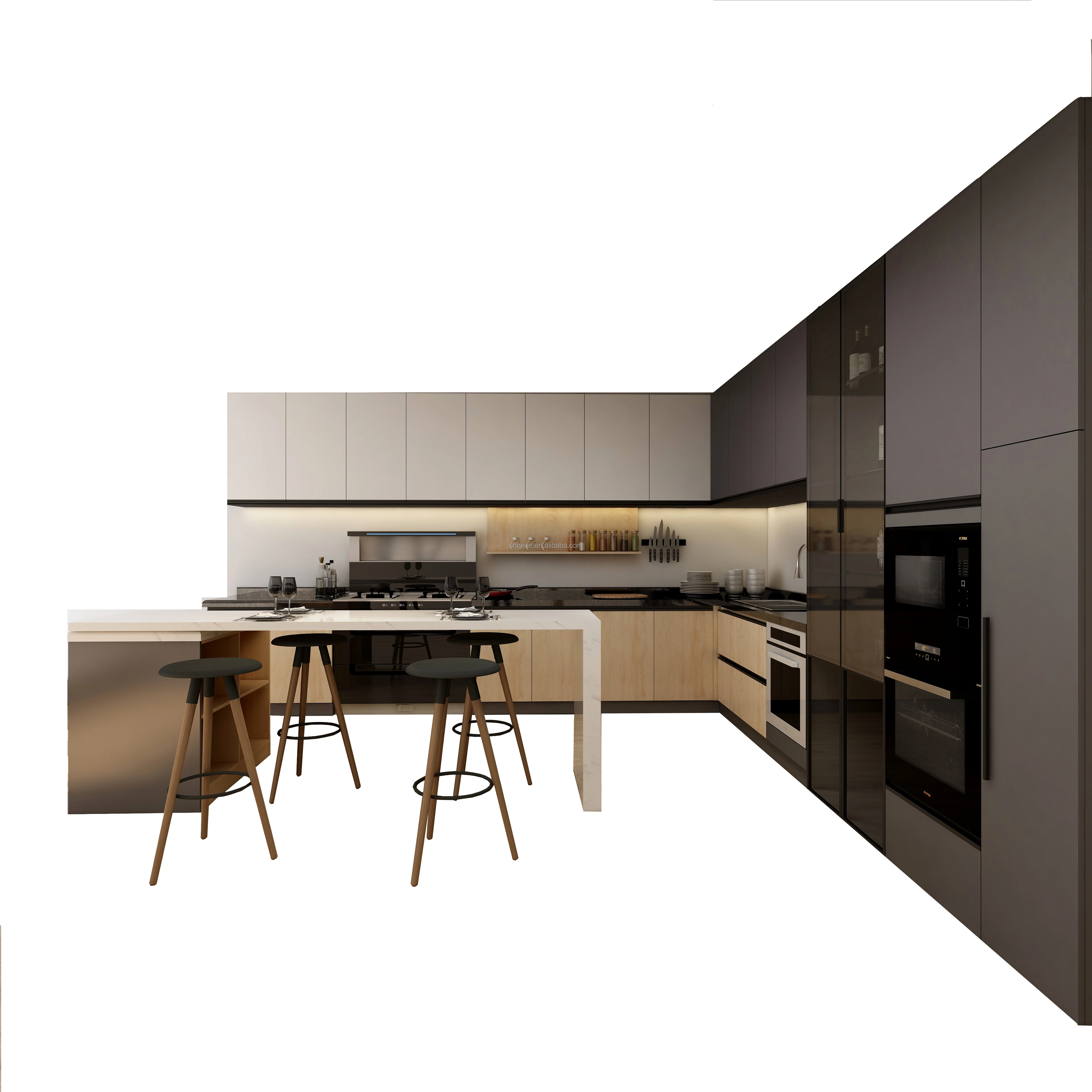 Custom Monolithic Quartz Stone Countertops Open Economical Household Mini Kitchen Cabinets