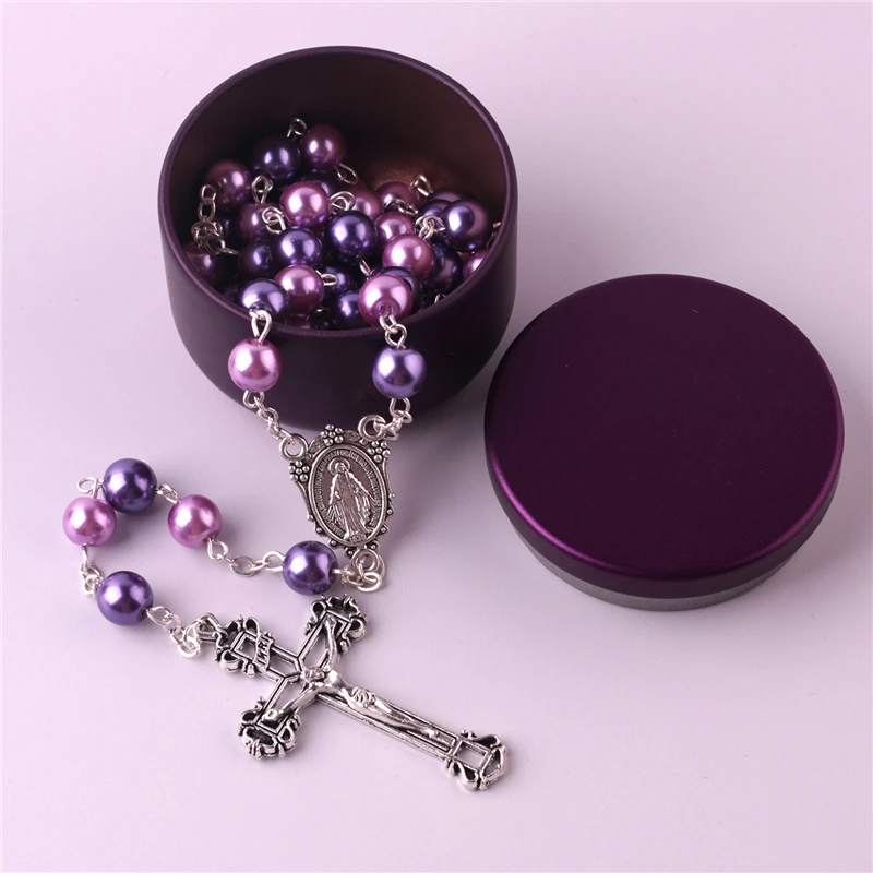 8mm Pink and Purple Glass Pearl Beads Catholic Rosary with Gift Box Factory Custom Religious Items Jewelry Necklaces
