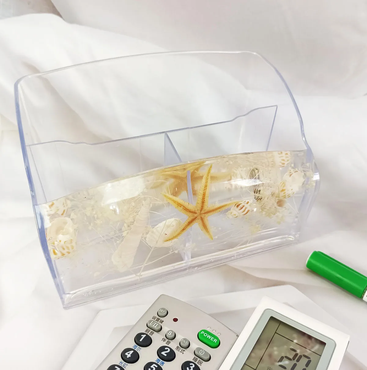 Acrylic Stationery Organizer 3 Compartments Seashells TV AC Remote Control Holder for Organization
