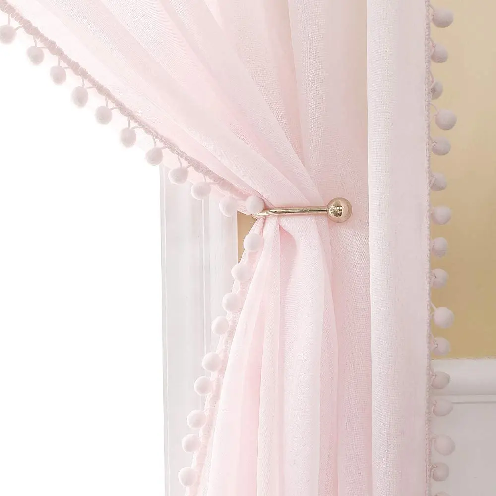 Прозрачные шторы для девочек, занавески из вуали с помпоном для спальни, 2 панели