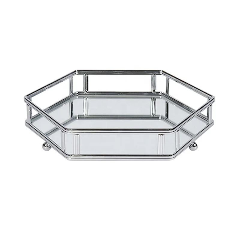 European Metal Glass Jewelry Display Plate Geometric Tray Mirror Silver Rose Gold Jewelry Storage Ring Dish Decoration Shelf