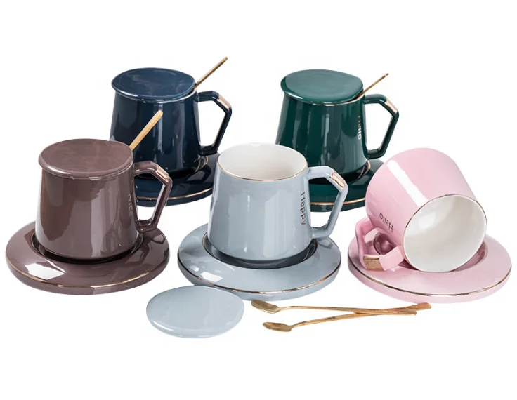 TAOXIN Promotion Gift cup and saucer with lid and spoon Wholesale Custom Ceramic  Glazed with gold logo and line