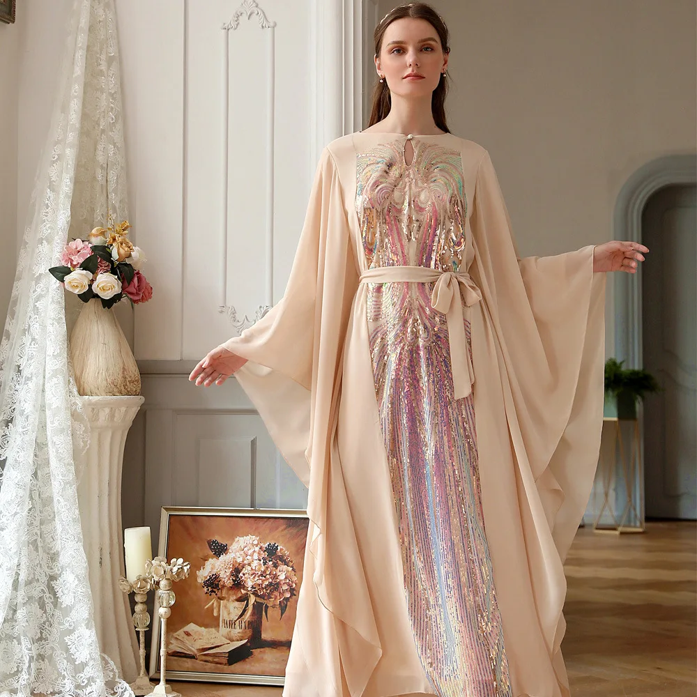 Multi-Color Dubai Turkey Moroccan Party Evening Gowns Ramadan Butterfly Sleeve Chiffon Sequined Islamic Clothing Muslim Dress