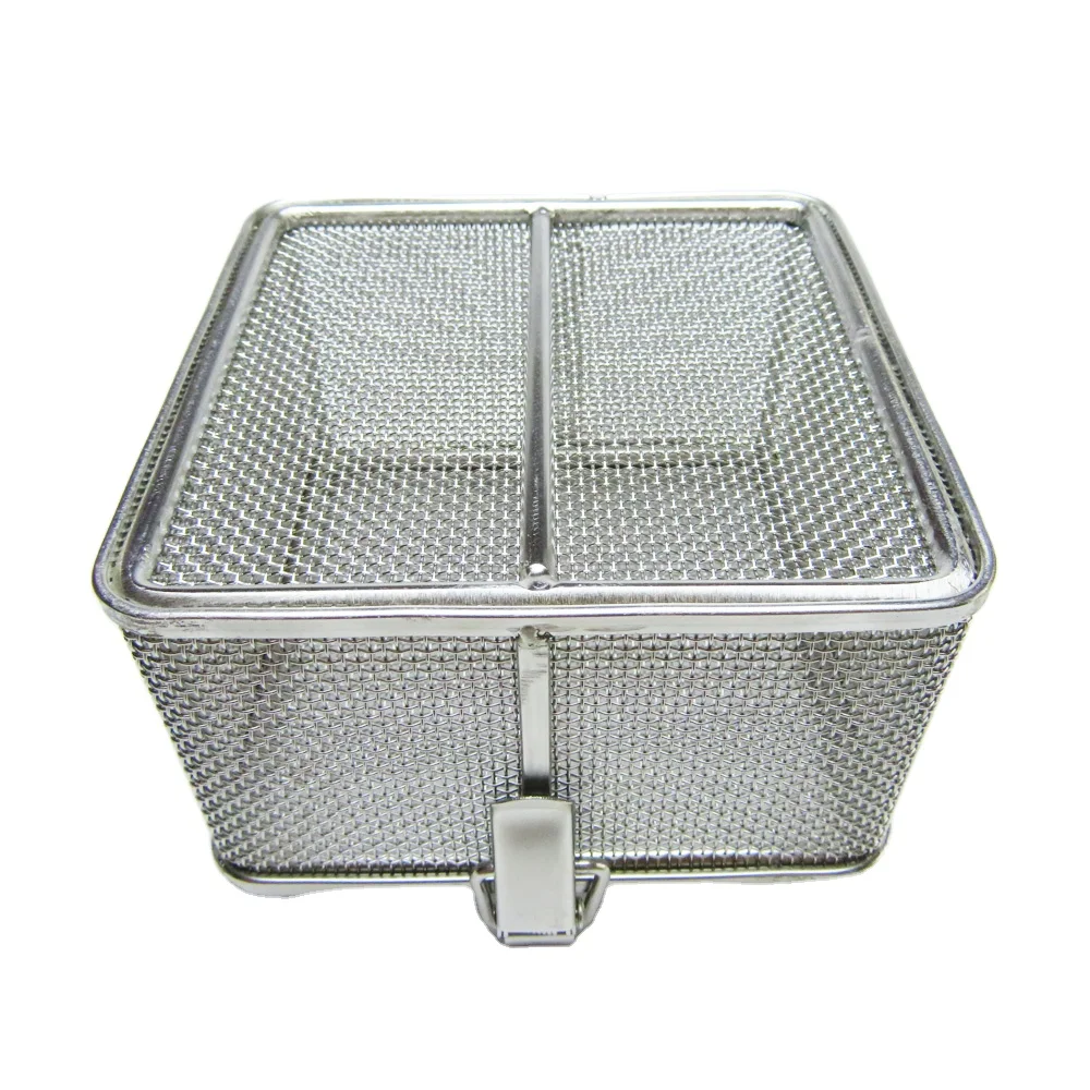 Stainless Steel 304 braided Wire Mesh Basket With Top Lid and lock system Used at ultrasonic cleaners parts