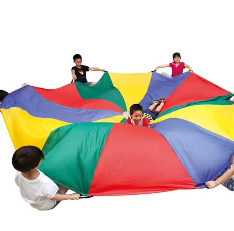 Customized colorful 12ft team game polyester play parachute toy  for kids sports kids sensory toys sensory training equipment