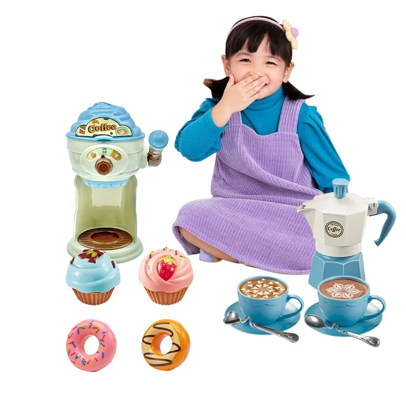 Pretend Play Game Tea Toy Set With Desserts Food Plastic Toy Children Coffee Machine Play House Coffee Toy Set